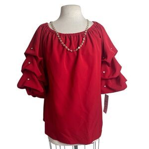 Elegant Red Women's Top Prelude XL off the shoulder ruched sleeves